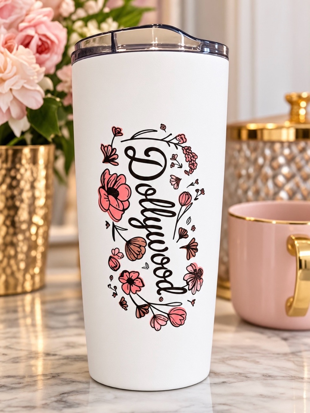 Dollywood New Travel Tumbler Floral in White & Pink NWT